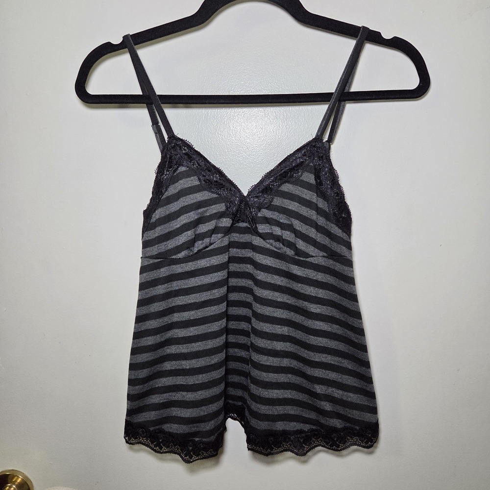 Gray & Black Striped Lace Trim Cami Top Size Small Y2K Goth Grunge Emo Coquette